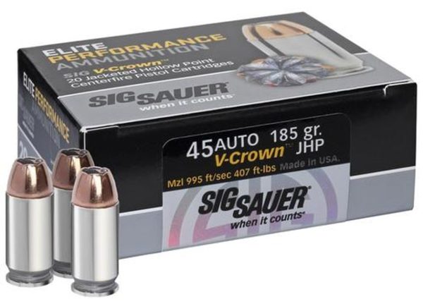 Sig Ammo 45 ACP 185Gr Elite V-Crown JHP 20rd Box