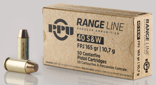 PPU Range 40 S&W 165gr, Flat Point Jacketed, 50rd Box