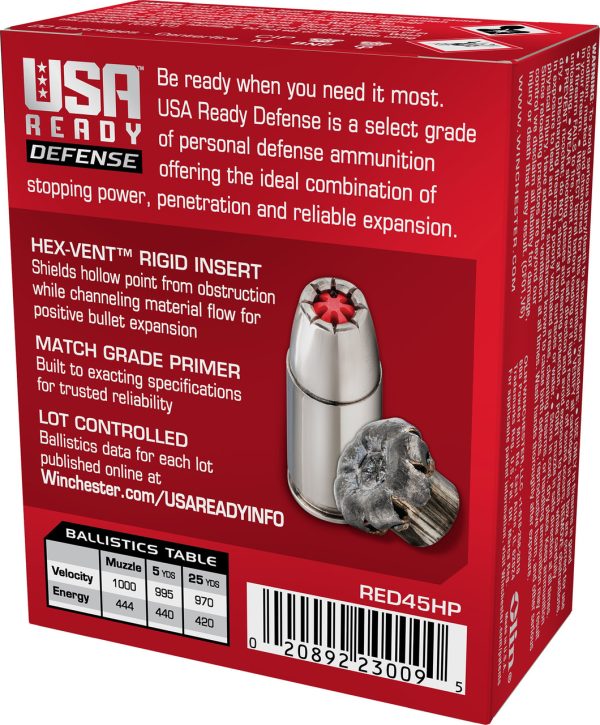 Winchester USA Ready Defense 45 ACP, 200gr, Hollow Point, 20rd Box - Image 2