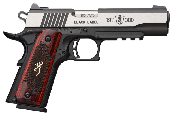 Browning 1911-380 Black Label Medallion Pro 380 ACP 4.25" 8+1 Matte Black Stainless Steel Matte Black Accents Slide Rosewood Gold Buckmark Inlay Grip Fixed Night Sights Picatinny Rail