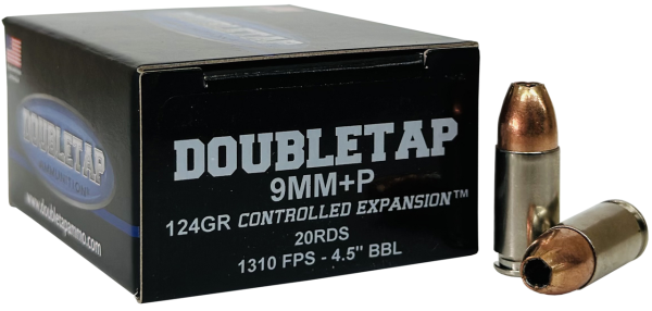 DoubleTap 9mm +P, 124gr, Jacketed Hollow Point, 20rd Box