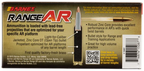 Barnes Range AR 5.56x45mm 52gr, Lead Free Open Tip Flat Base 20rd Box - Image 3