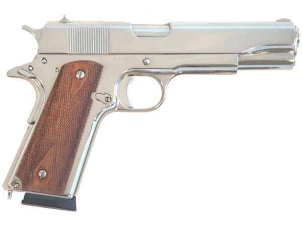 Cimarron 1911 45 ACP, 5" Barrel, Polished Nickle Finish, Wood Grips, 8rd