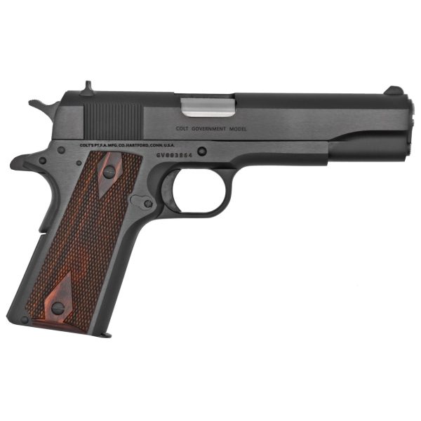 Colt 1911 Government 45 ACP, 5" Barrel, Black, Checkered Rosewood Grip, 7rd