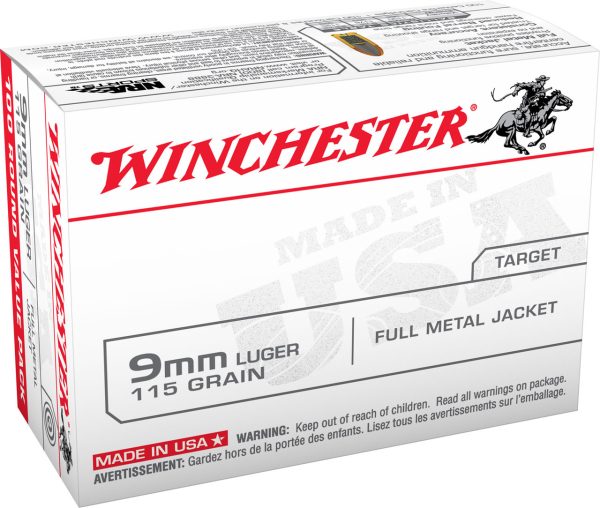 Winchester USA, 9mm, 115gr, Full Metal Jacket, 100rd Box